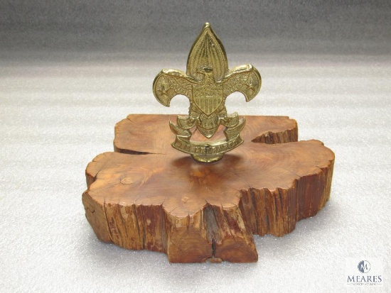 Vintage Boy Scout Trophy Logo Gold Finish on Burl Wood Base 8" x 6.5"