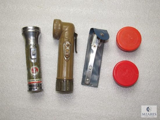 Lot Boy Scouts Vintage Flashlights, Travel Cups, and Mess Kit Silverware Set