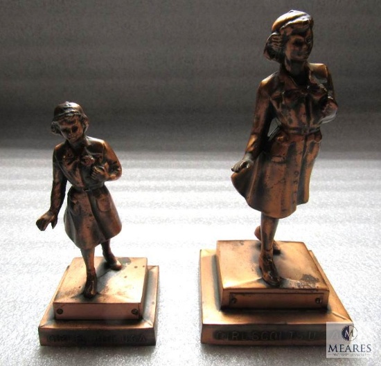 Lot of 2 Broze Like Girl Scouts Vintage Statue Award Trophy 6" & 8"