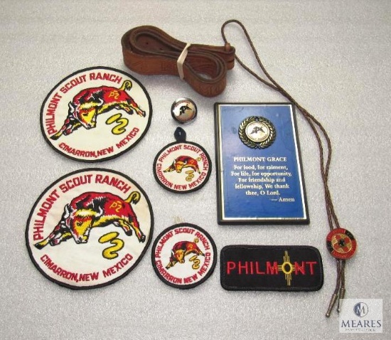 Lot Vintage Philmont Ranch BSA Patches, Plaque, Bolo Tie, & Leather Belt
