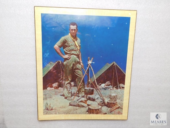 18" x 15.5" Norman Rockwell Boy Scouts Camping Campfire Scene Print on Wood