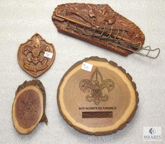Lot Wood BSA Carved Plaques & Logo Ornament & Tie / Belt Holder
