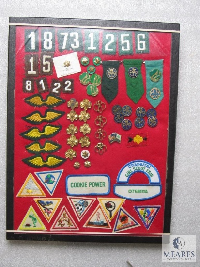 Display Box of Vintage Girl Scout Pins, Ribbons, Badges & Patches