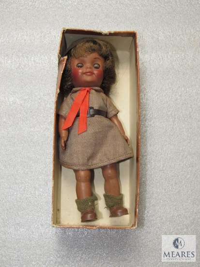 Antique Girl Scout Brownie Doll & Stand Effanbee 1965 8" w/ Blinking Eyes Brown Hair