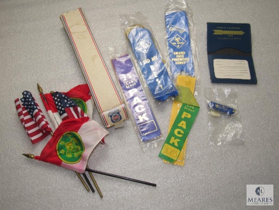 Lot Vintage Small Flags, Ribbons, 1958 ID Card Holder & Friend of Scout Knife