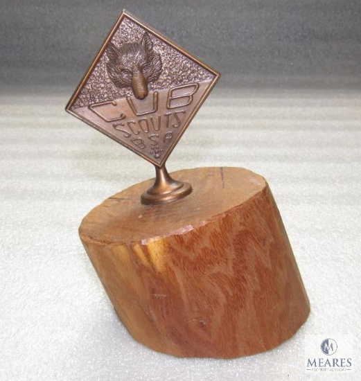 Vintage Cub Scout Trophy Wood Base Bronze Finish 6.25" H