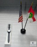 Lot - BSA Flag & American Flag Desk Set and Boy Scout Night Hiking Scene Wrist Watch