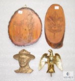 Lot Eagle Flag Pole Topper & 2 Hand Carved Wood Scout Plaques 1964 & Powell