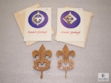 Lot 2 Vintage Greeting Cards w/ Cub & Boy Scout Brass Ornaments & 2 Wood Carvings