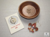 Solid Walnut Wood Bowl BSA Engraved Vintage Brass Ornament & Eagle Logo Ornament