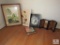 Lot of Vintage Framed Pictures & Vintage Oriental Desktop Folding Shade