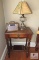 Vintage Wood Side Table, Glass Lamp & Old Transistor Radio