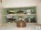 Contents of Cabinet - Vintage Pans, Cake Molds, Milk Glass, Kettle, Meat Grinder, +