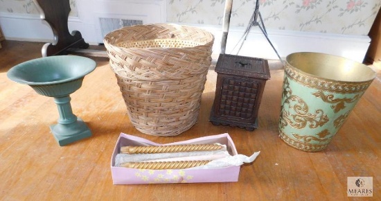 Lot Baskets Candle Sticks and Vintage Wastebasket