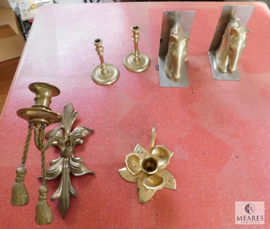Lot Brass Candle Holders, Wall Sconce, and Horse Head Bookends
