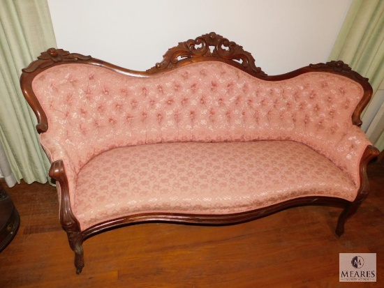 Antique Ornate Wood Carved Top Parlor Couch Settee Victorian Style