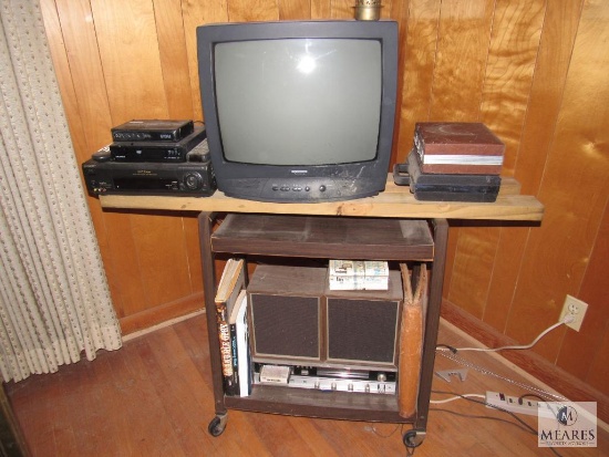 Vintage TV Stand with 8 Track Player, Cassettes, TV, VCR, & Books