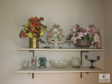 Shelf Lot - Floral Arrangements, Glassware, Candle Holders, Platters & Plates