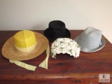 Lot 4 Ladies & Men's Vintage Hats; Fedora, Floral, Sun Hat, & Top Hat