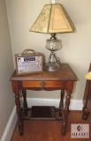 Vintage Wood Side Table, Glass Lamp & Old Transistor Radio