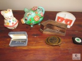 Lot Vintage Piggy Banks, Ceramic, Plastic, & Brass + 50 Year Brass Belt Buckle