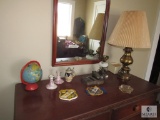 Contents of Dresser; 2 Vintage Lamps, Beer Stein, Bronzed Baby Shoe, Candle Sticks & Globe