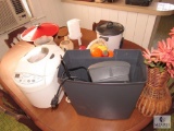 Contents of Table - Electric Wok, Sunbeam Bread Maker, Crock Pot, Ceramic Fruit, Pottery +