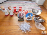 Lot Vintage Christmas Decorations, Glass & Tin Bowl