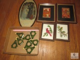 Lot Vintage Framed Pictures & Ceramic Christmas Tree Napkin Holders