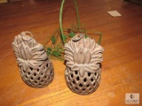 Lot of Metal Outdoor Pineapple Shaped Candle Lanterns & Vine Basket