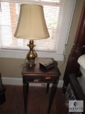 Wood Side Table, Table Lamp & Alarm Clock