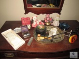 Contents of Dresser - Mirror Tray, Trinket Boxes, Porcelain Figurine, Ladies Gloves, & Bowl