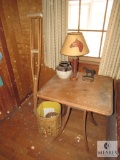 Vintage Wood Folding Table w/ Boot Lamp & Horseshoe D?cor & #2 Pottery Jug