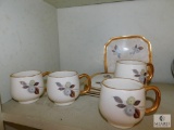 Shelf Lot China Cups & Saucers, Glass Bowl, Ceramic Pumpkin Holder, +