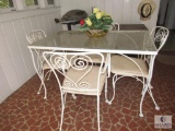 Vintage Wrought Iron & Glass Top Patio Set Table & 4 Chairs