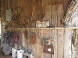 Wall contents of Barn; Antique Tools, Mule Yokes, Cast Iron Pans, License Plates, Rope +