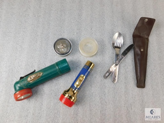 Lot Vintage Official Boy Scouts Flashlights, Travel Cups, and Mess Kit Utensils