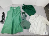 Lot Vintage Girl Scout Uniform Belt, Beret Hat, Sweater, Handkerchief, & Dress Set