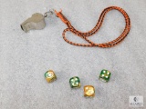 Lot Official Boy Scouts Vintage First Class Whistle & Set of 4 BSA Game Dice