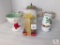 Lot Christmas Ceramic Tea Set, Snowman Pedestal Bowl, Candle & Candle Holder