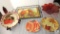 Lot Fall Decorations; Tray, Ceramic Plates, Glass Bowl, and Wood Bowl w/ Stand