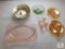 Lot of Pink Depression Glass Pieces, Orange Carnival Glass Trays, Green Glass Bowl, & Gold Tone Bowl
