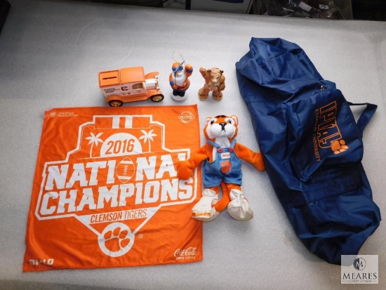 Lot of Clemson University Decorations; Plush Tiger, Ertl Truck Bank, Ornament, Tiger Figurine, & Bag