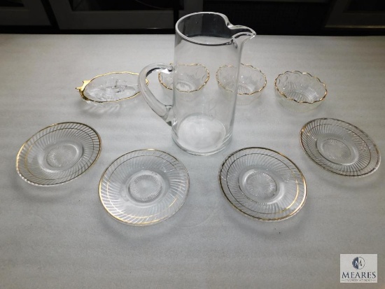 Lot Clear Glass w/ Gold Tone Trim Pieces Saucers, Small Bowls, Tray, and Clear Glass Pitcher