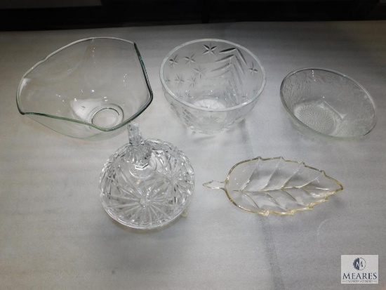 Lot Clear Glass & Crystal Bowls, Leaf Shaped Tray, and Lidded Canister Candy Dish