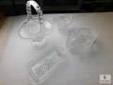 Lot 4 Crystal Cut Clear Glass Dishes; Basket, Tray, Creamer, and Bowl