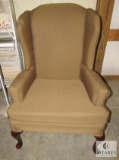Broyhill Taupe Brown Wingback Occasional Chair w/ French Provincial Wood Legs
