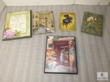 Lot of 5 Decorative Plaque Wall Hangings Floral and French Cafe Scenes