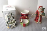 Lot of Christmas Decorations; Porcelain Santa Lamp, Penguin Water Fountain, & Ceramic Bowls