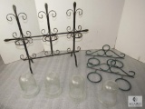 Lot Candle Holders; 2 Green Metal Wall Hanging w/ Glass Globes 1 Black Metal Tabletop